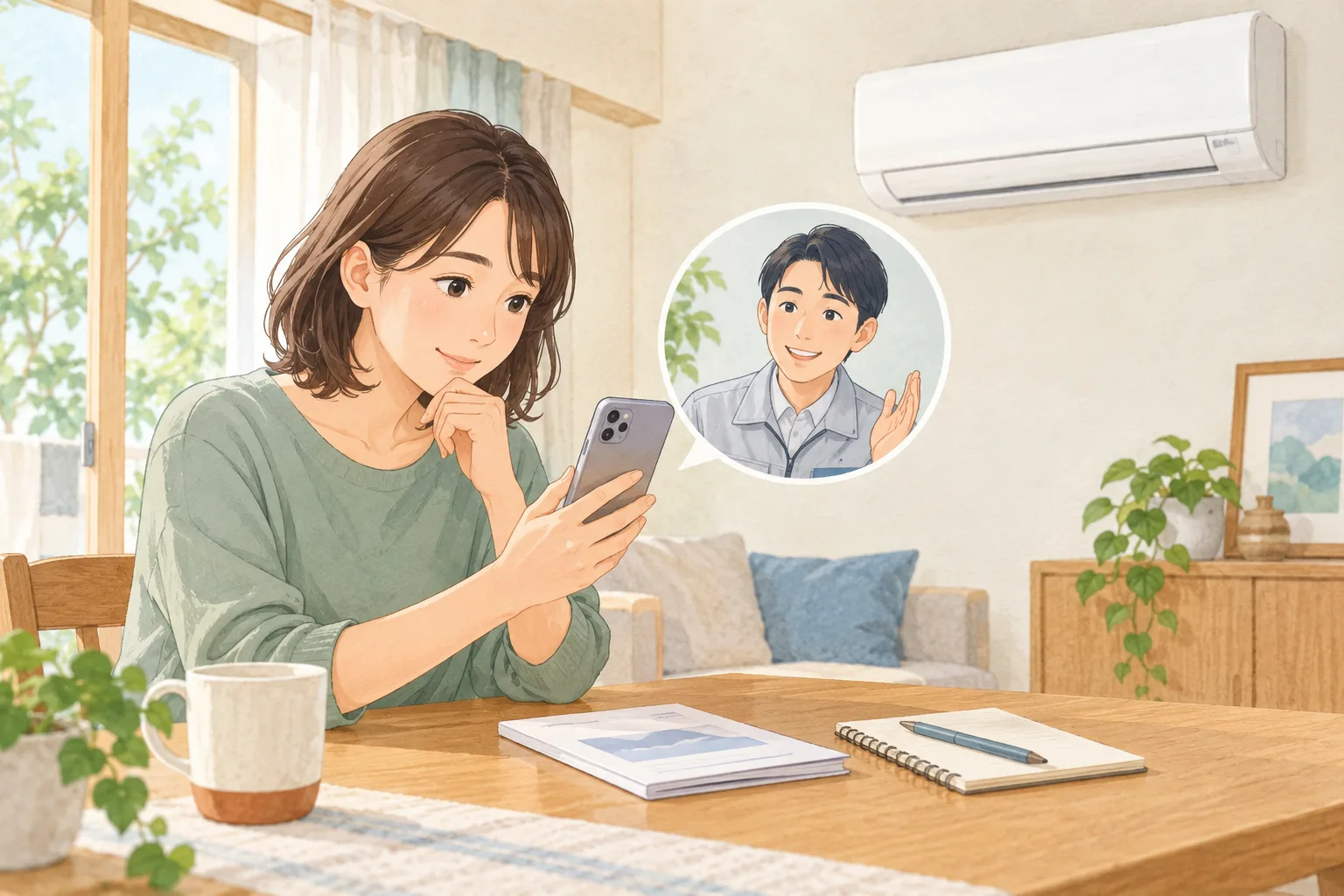 エアコンの気になる症状を専門業者に相談する人のイラスト