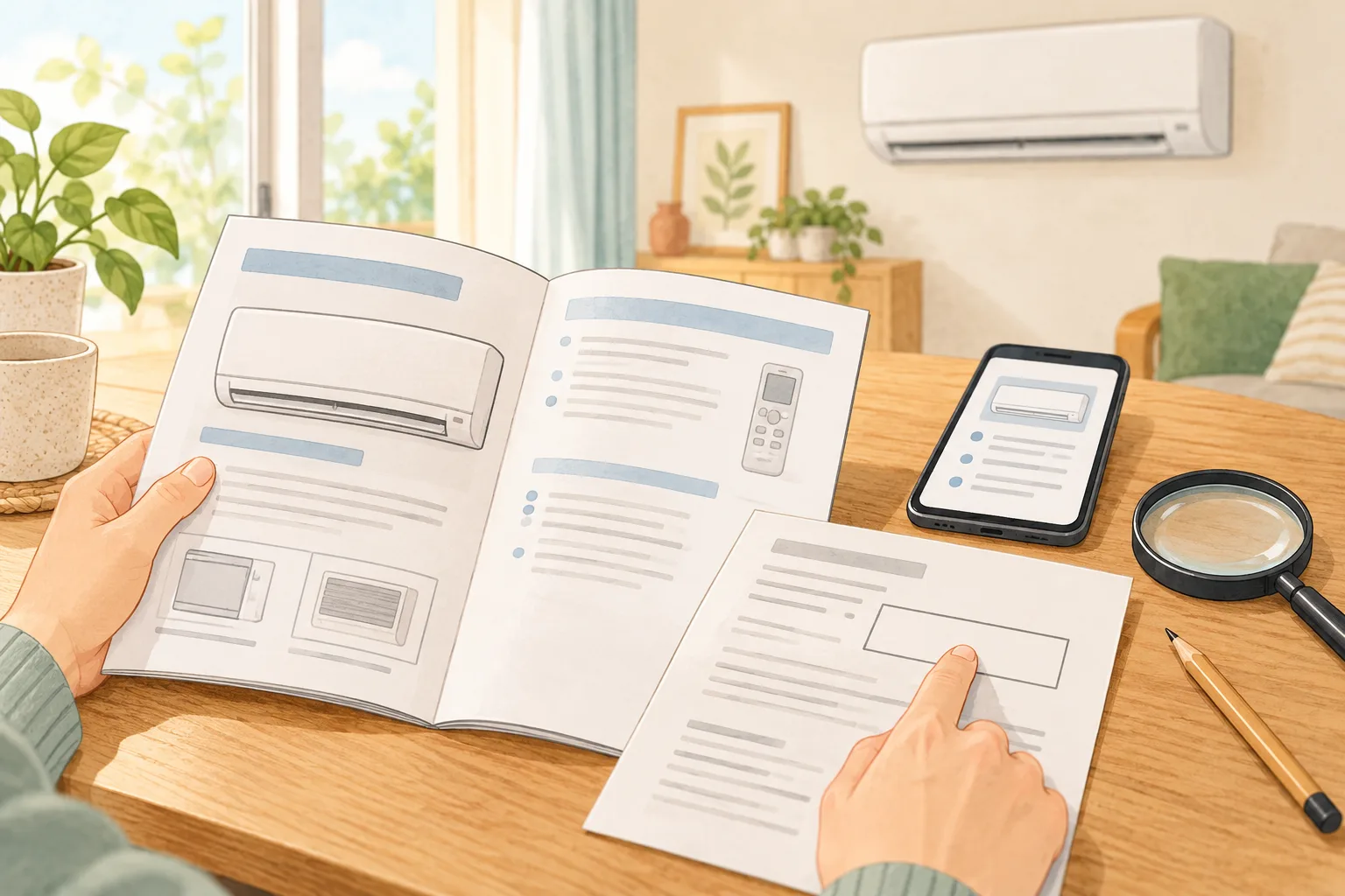 保証書などの型番情報と取扱説明書を照合するイラスト