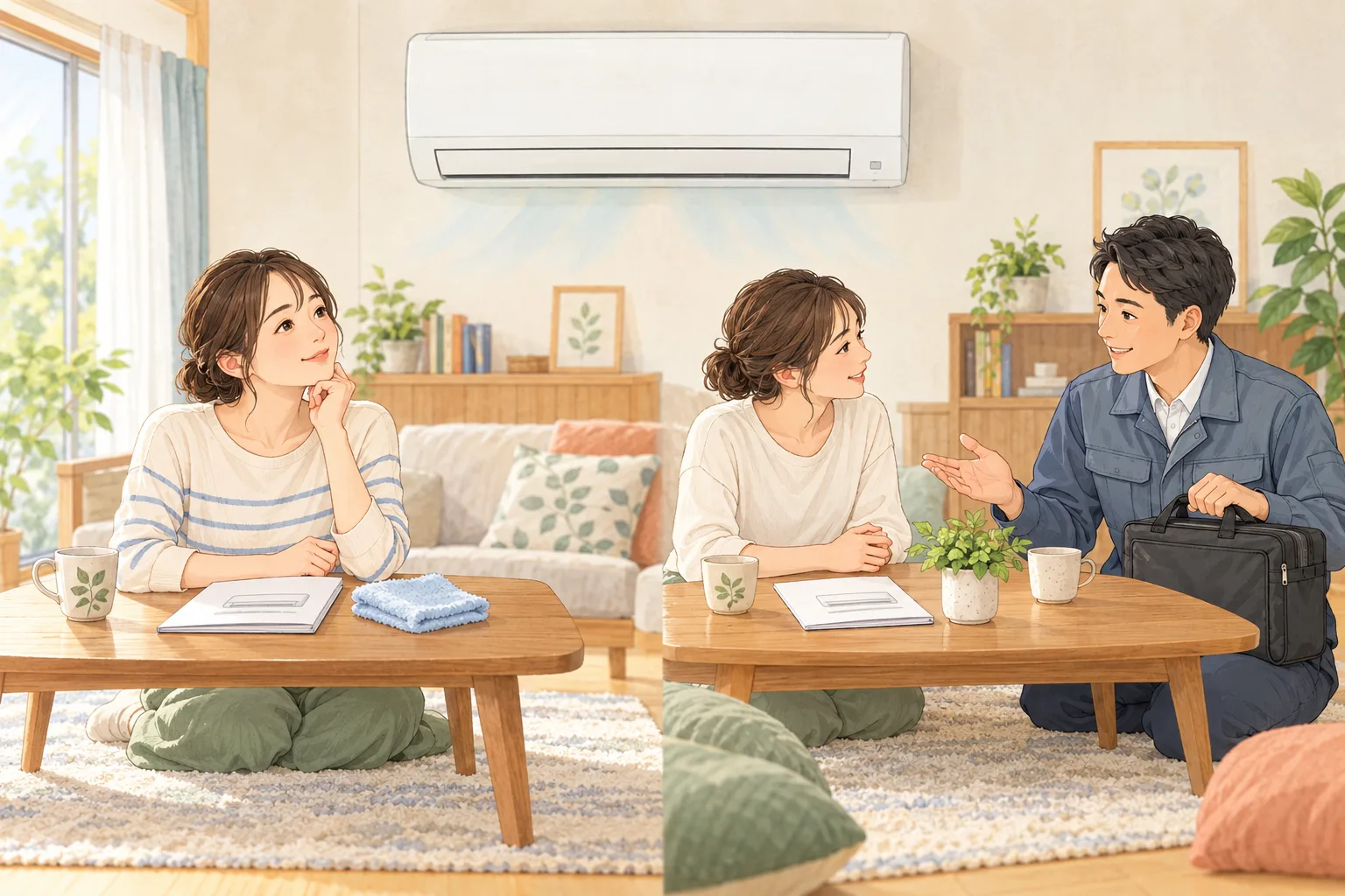 日常のお手入れを確認する人と専門業者に相談する人のイラスト
