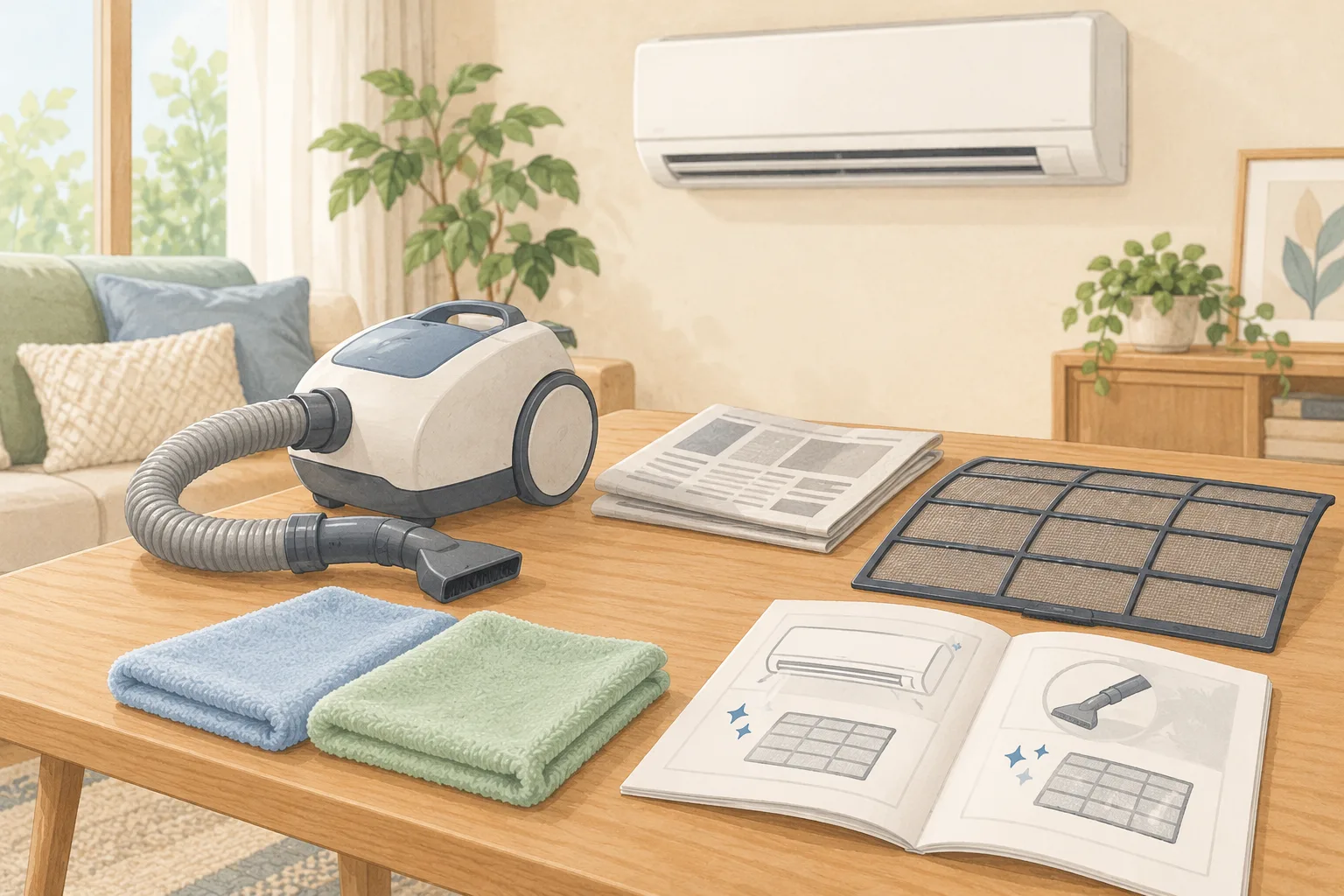 やわらかい布と掃除機、取扱説明書など掃除前に用意する道具のイラスト