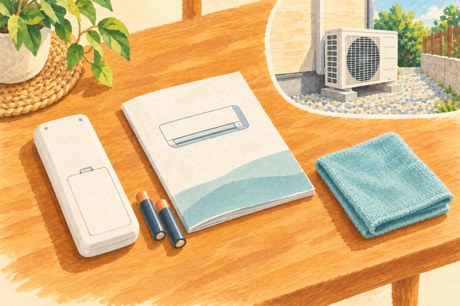 リモコン、電池、説明書、やわらかい布と、周囲を空けた室外機を表す説明用イラスト