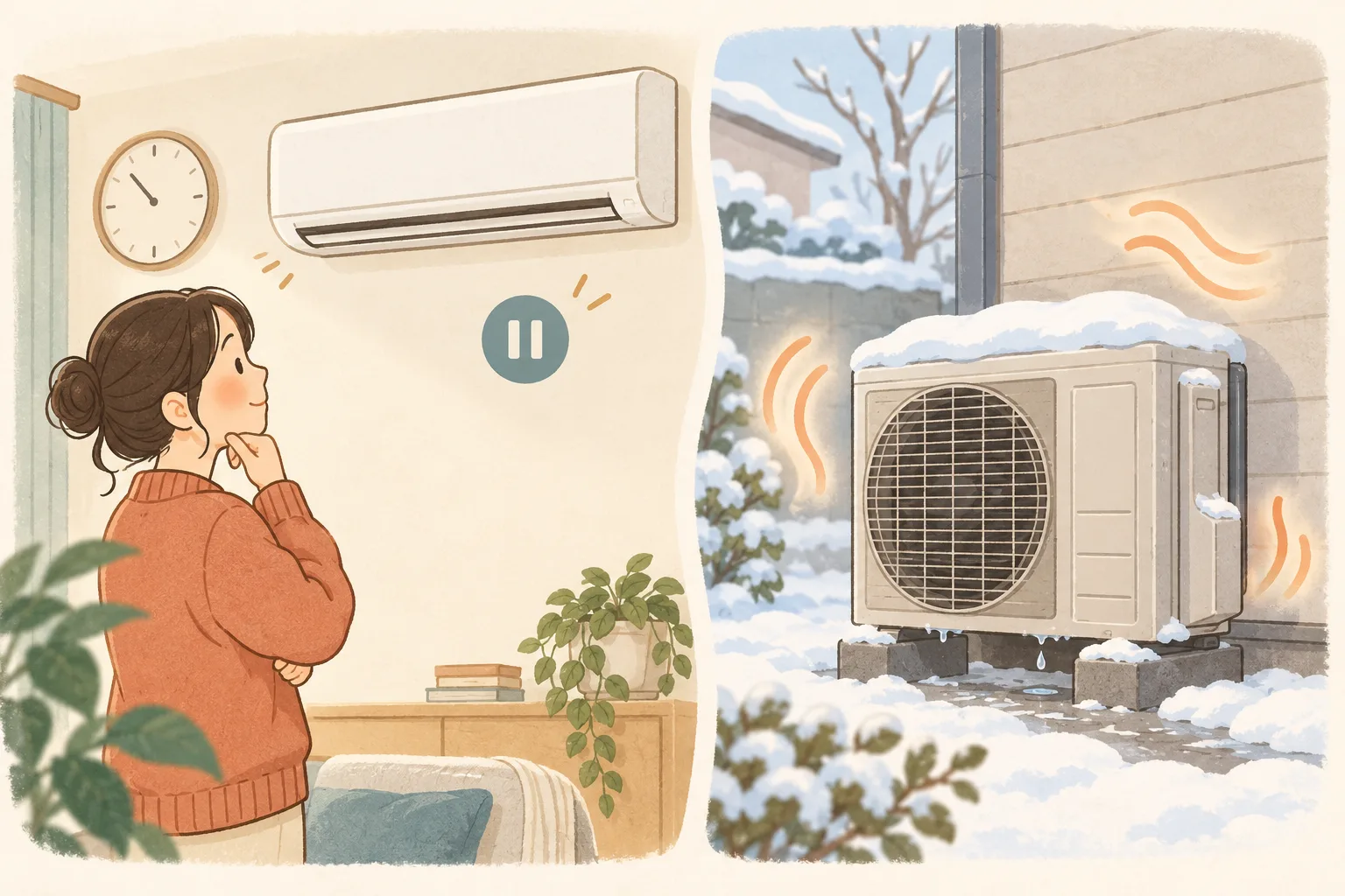 時計を見ながら暖房の開始を待つ人と、霜取りで水滴が出る室外機を表す説明用イラスト