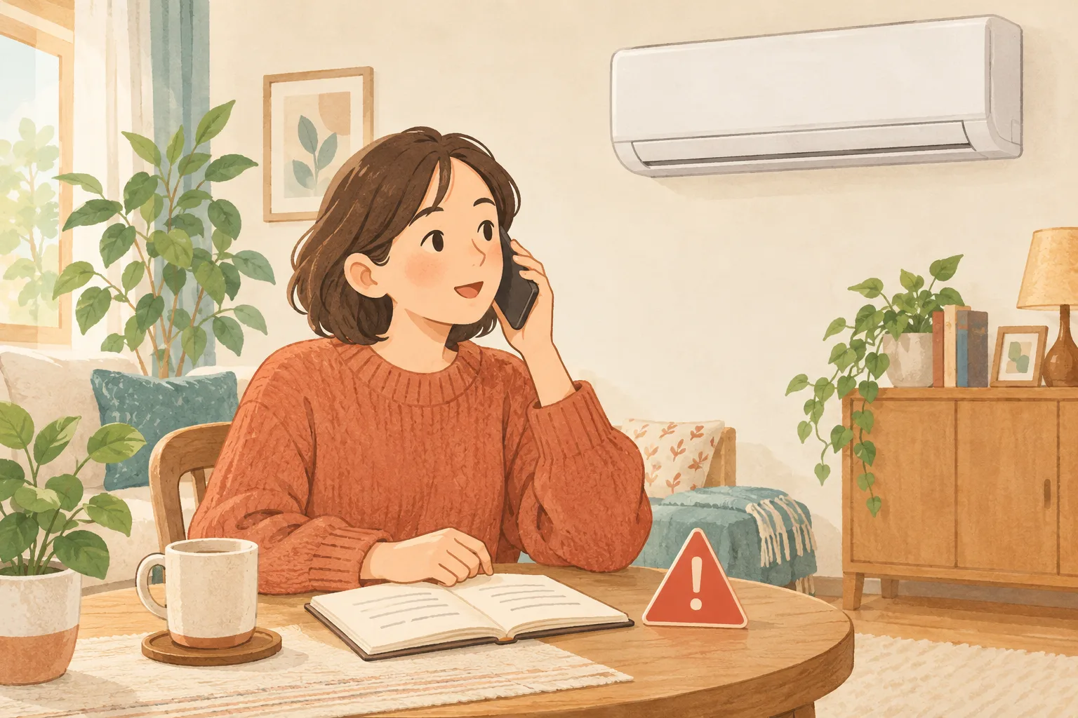 停止したエアコンのそばで、症状をメモして電話相談する人の説明用イラスト